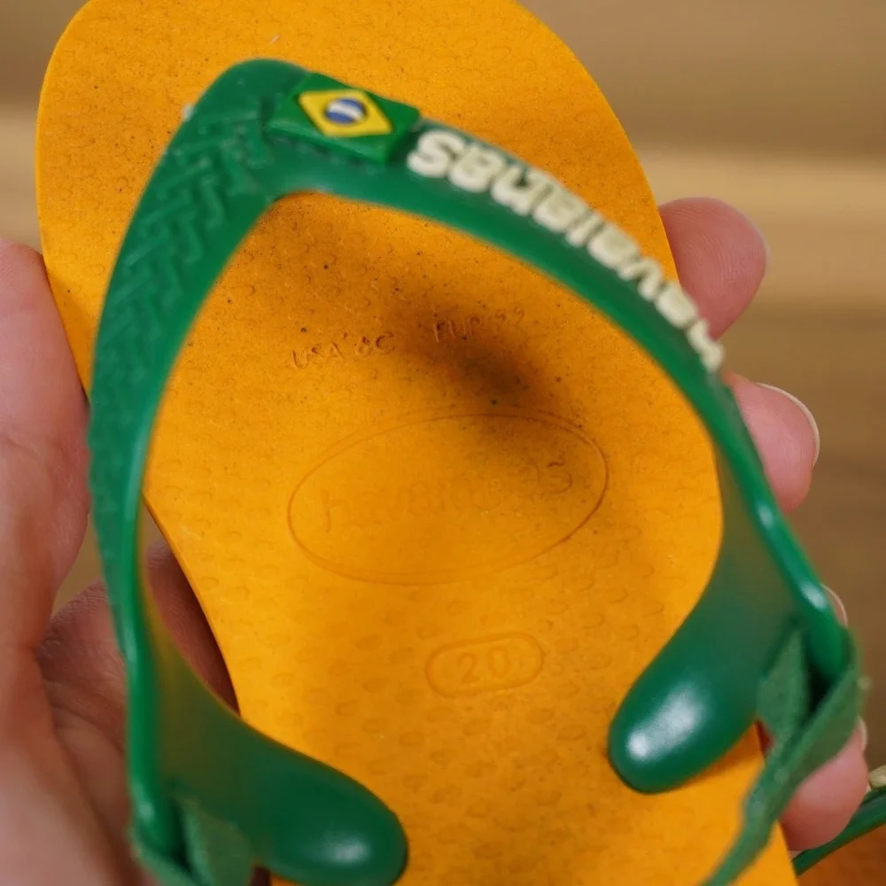 Havaianas Flip Flops Kids 6C Yellow Green Brasil Logo Elastic Backstrap Sandals